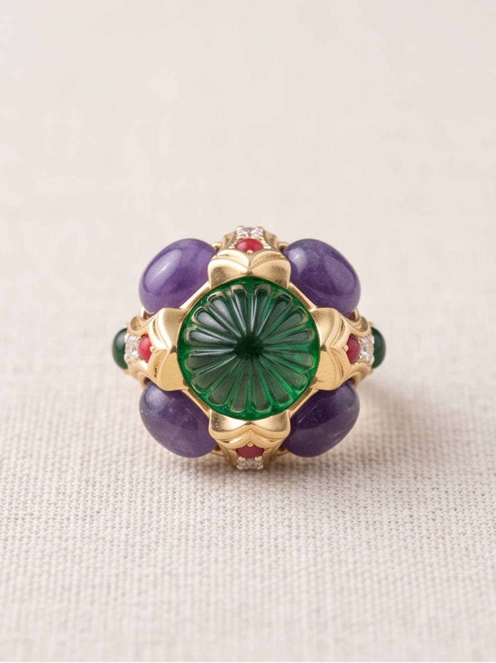Gold Floral Cocktail Ring with Green Center and Purple Accents